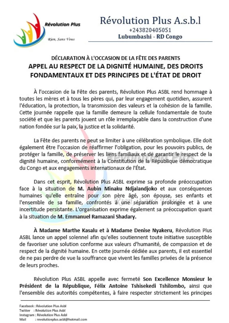Fête des parents : Révolution plus ASBL appelle à un geste d&rsquo;humanité en faveur des familles de Minaku te Shadary
